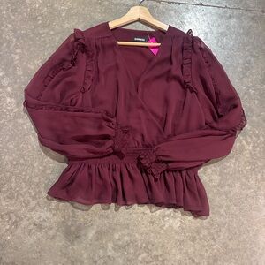 Express Burgundy Ruffle Peplum Long Sleeve Blouse Women’s Large